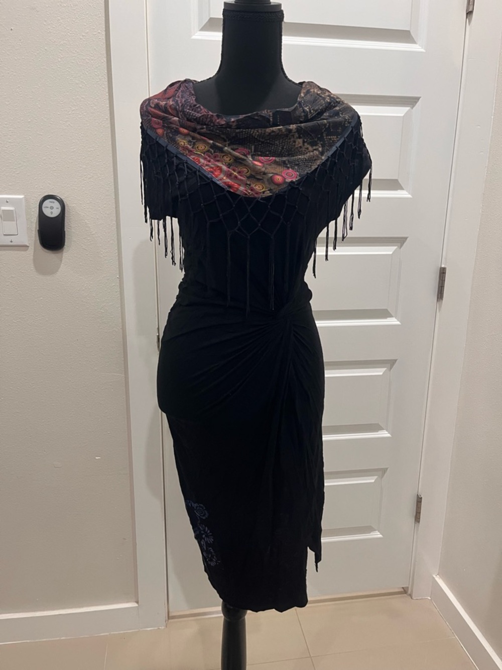 Desigual Black Fitted Fringe Dress with Multicolor Shawl